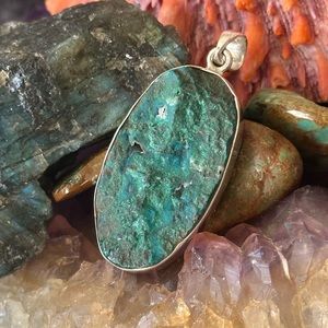 chrysocolla in the rough 925 sterling silver statement pendant